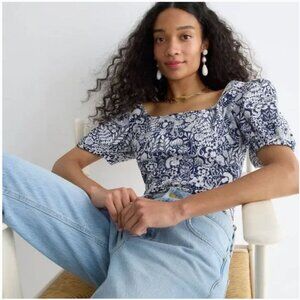NWT J. Crew Puff Sleeve Cotton Poplin Square Neck Top in Mermaid Floral 6